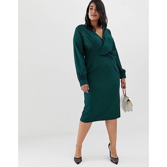 ASOS Design Curve Origami Twist Midi Forrest Green Pencil Dress 24 - Picture 1 of 11